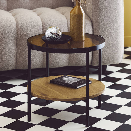 Tavolino rotondo in vetro temperato, legno ed effetto metallo nero,