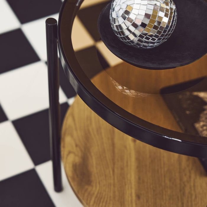 Tavolino rotondo in vetro temperato, legno ed effetto metallo nero,