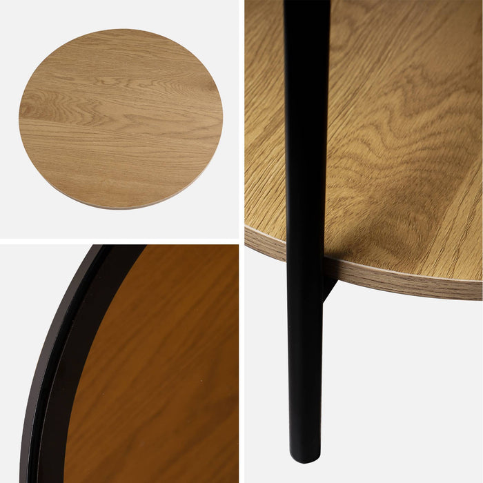 Tavolino rotondo in vetro temperato, legno ed effetto metallo nero,