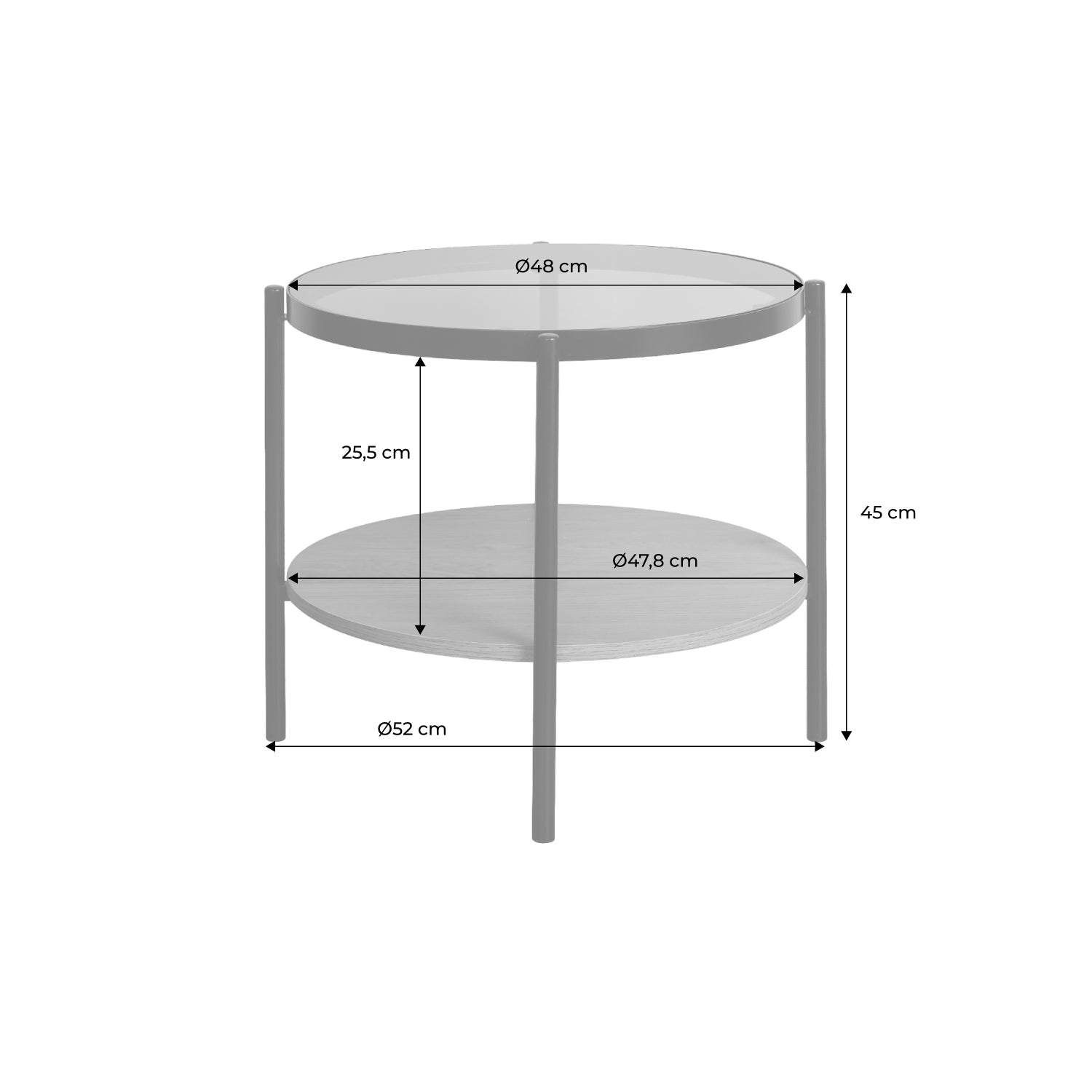 Tavolino rotondo in vetro temperato, legno ed effetto metallo nero,