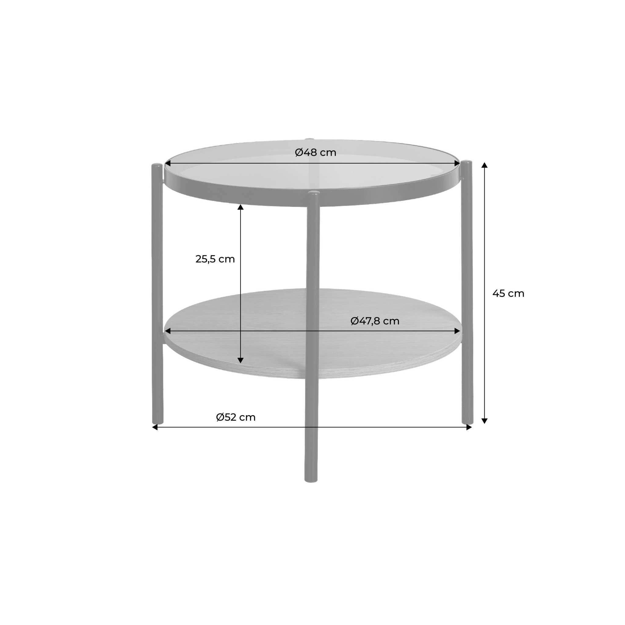 Tavolino rotondo in vetro temperato, legno ed effetto metallo nero,