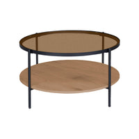 Tavolino rotondo a doppio ripiano in vetro, decorazione in legno e