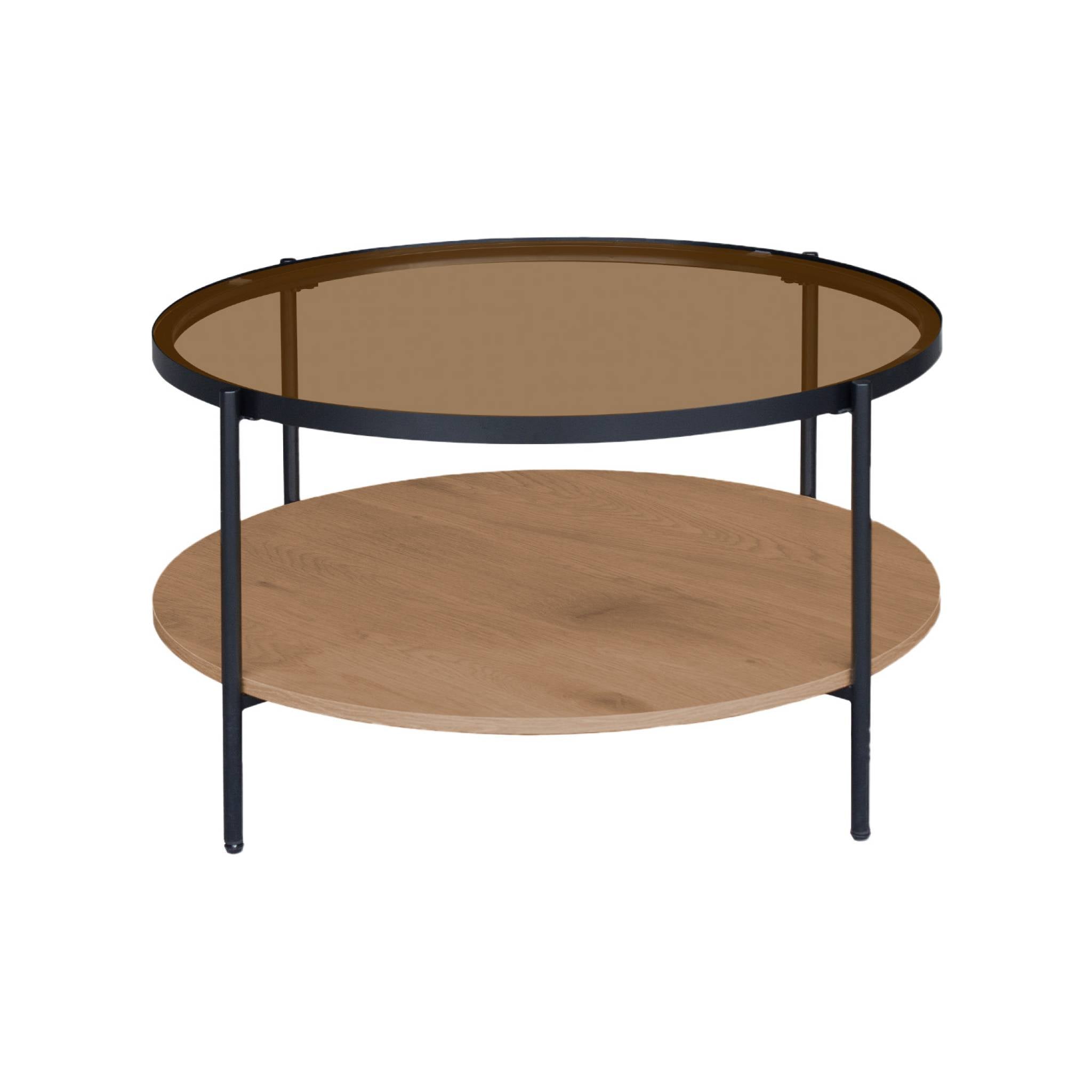 Tavolino rotondo a doppio ripiano in vetro, decorazione in legno e