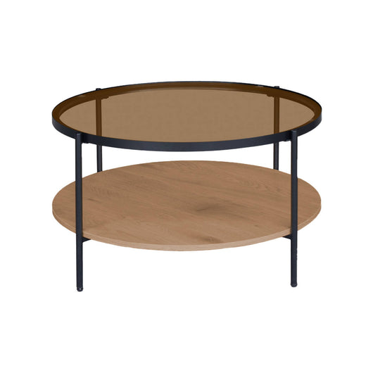 Tavolino rotondo a doppio ripiano in vetro, decorazione in legno e