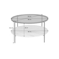Tavolino rotondo a doppio ripiano in vetro, decorazione in legno e