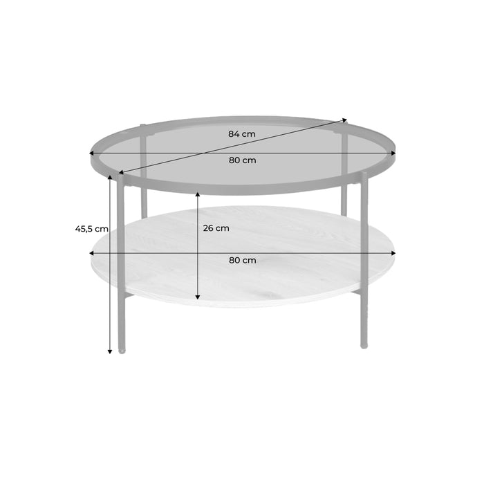 Tavolino rotondo a doppio ripiano in vetro, decorazione in legno e