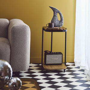 Tavolino vintage in metallo nero con piani in vetro, marrone naturale