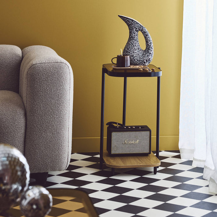 Tavolino vintage in metallo nero con piani in vetro, marrone naturale