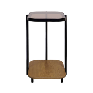 Tavolino vintage in metallo nero con piani in vetro, marrone naturale