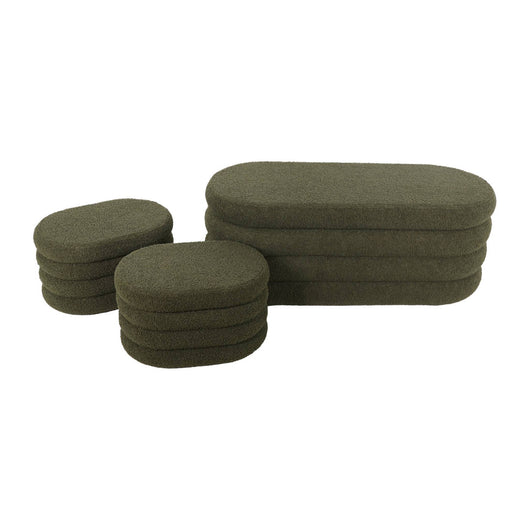 Panca contenitore con 2 pouf contenitori bouclé, verde kaki