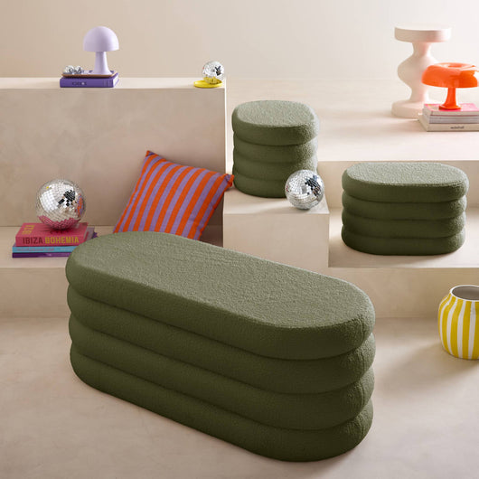 Panca contenitore con 2 pouf contenitori bouclé, verde kaki