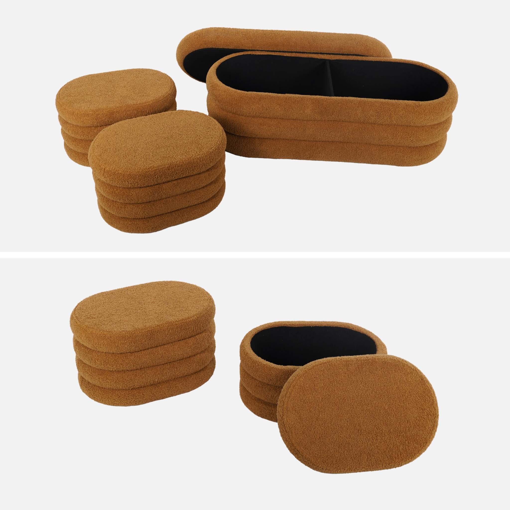 Panca contenitore con 2 pouf contenitori bouclé, color ruggine