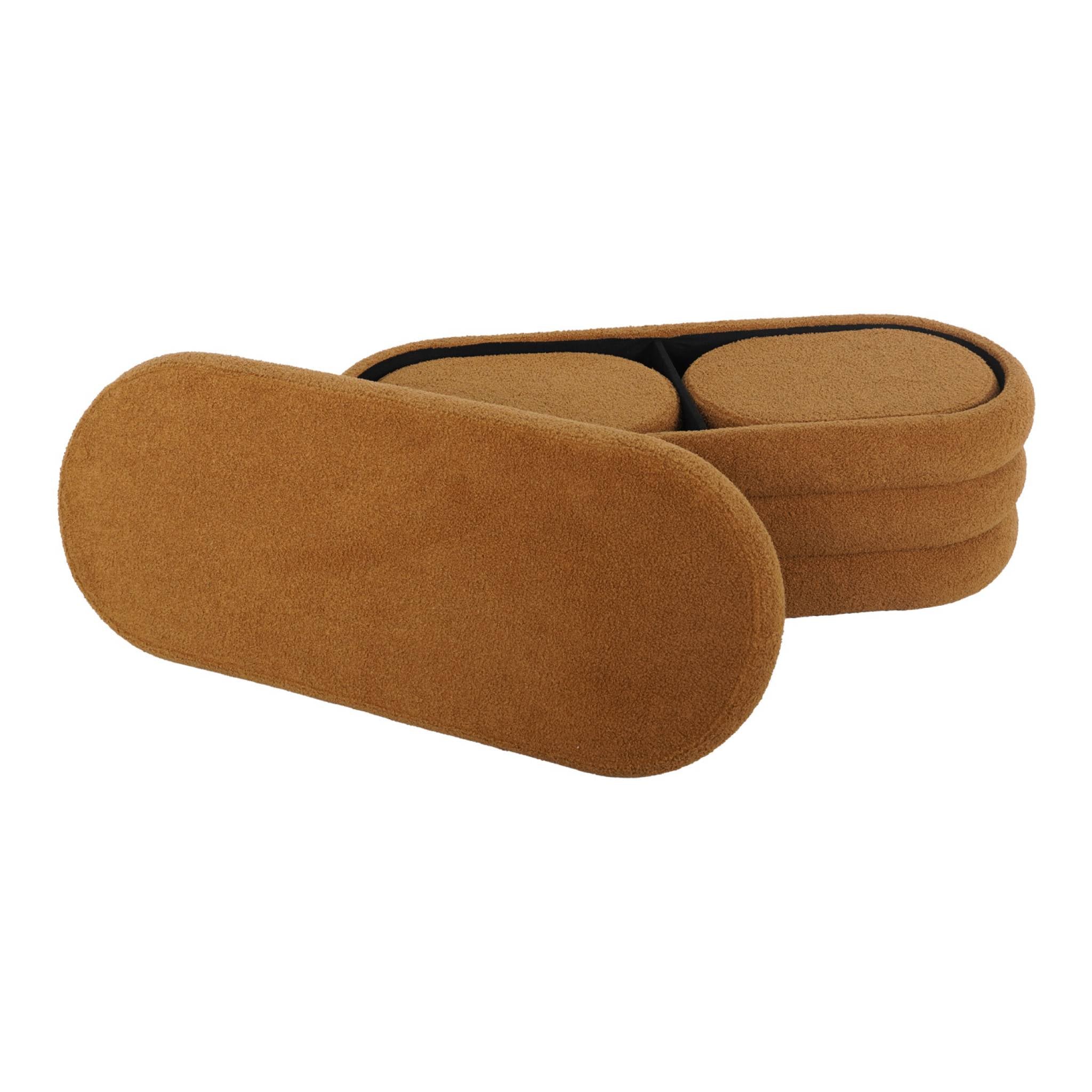 Panca contenitore con 2 pouf contenitori bouclé, color ruggine