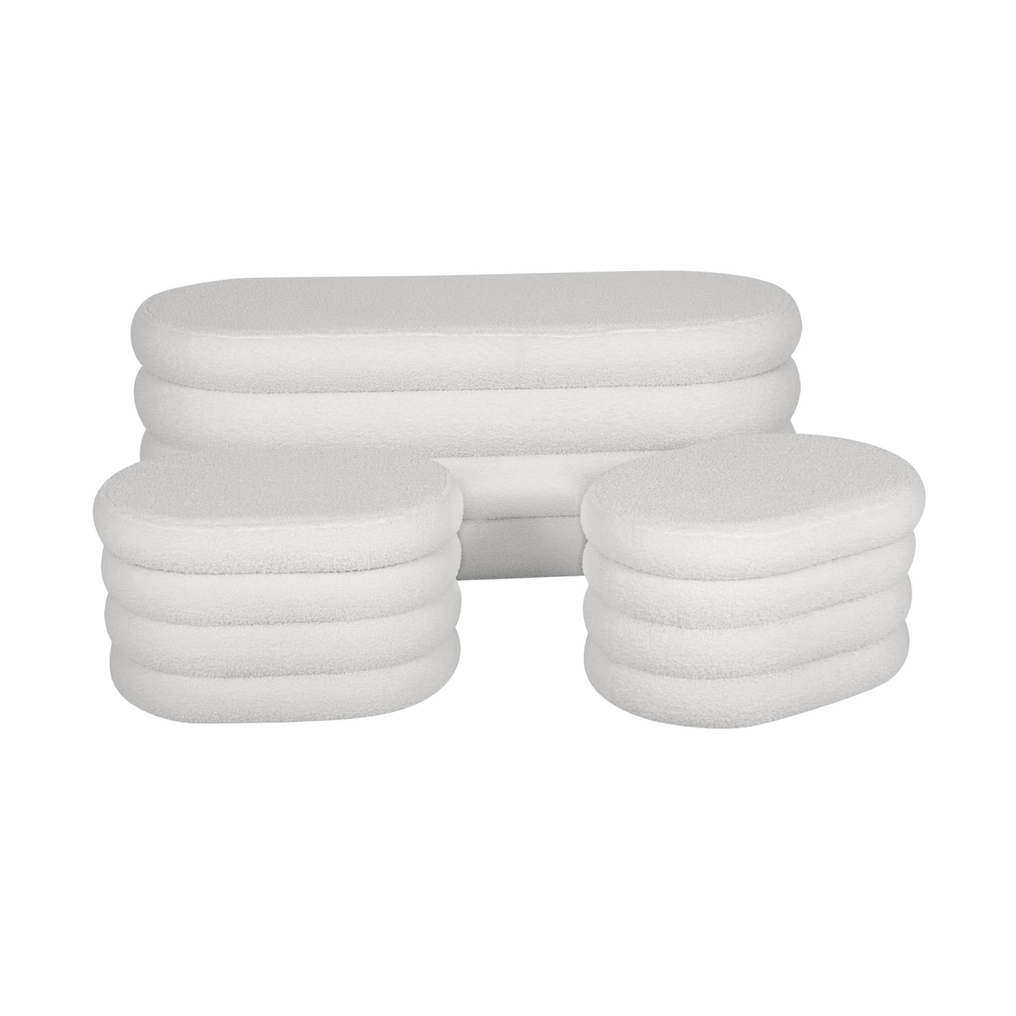 Panca contenitore con 2 pouf contenitori bouclé, bianco