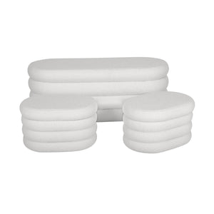 Panca contenitore con 2 pouf contenitori bouclé, bianco