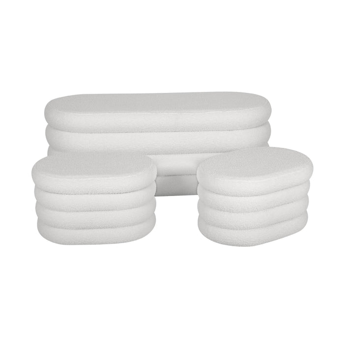 Panca contenitore con 2 pouf contenitori bouclé, bianco