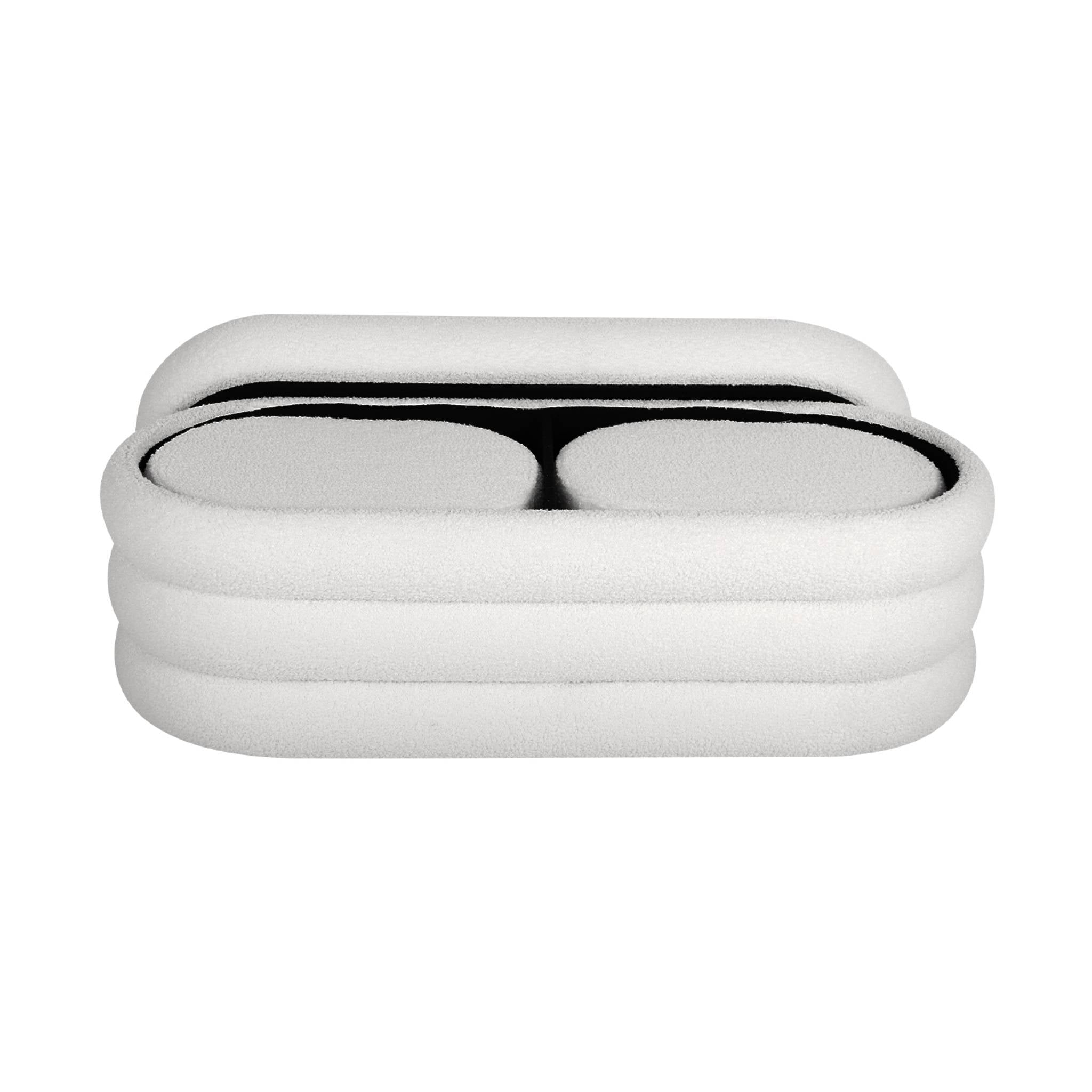 Panca contenitore con 2 pouf contenitori bouclé, bianco