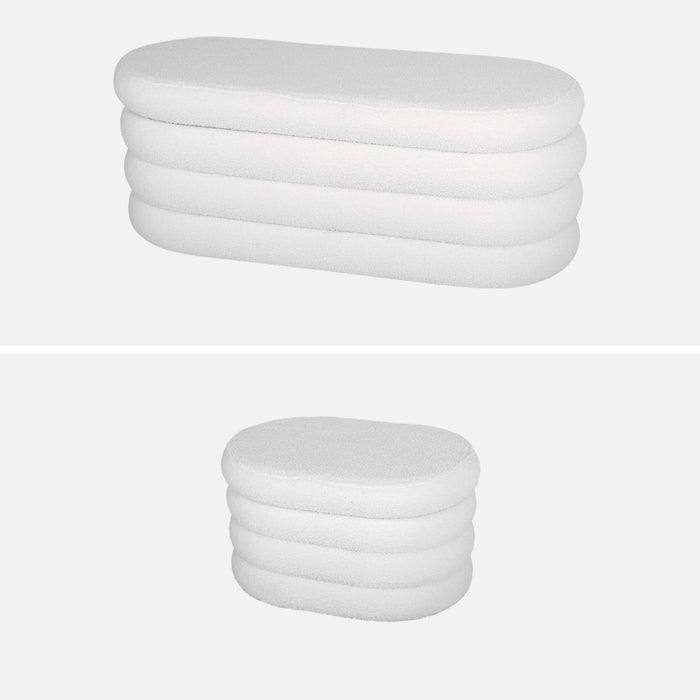 Panca contenitore con 2 pouf contenitori bouclé, bianco