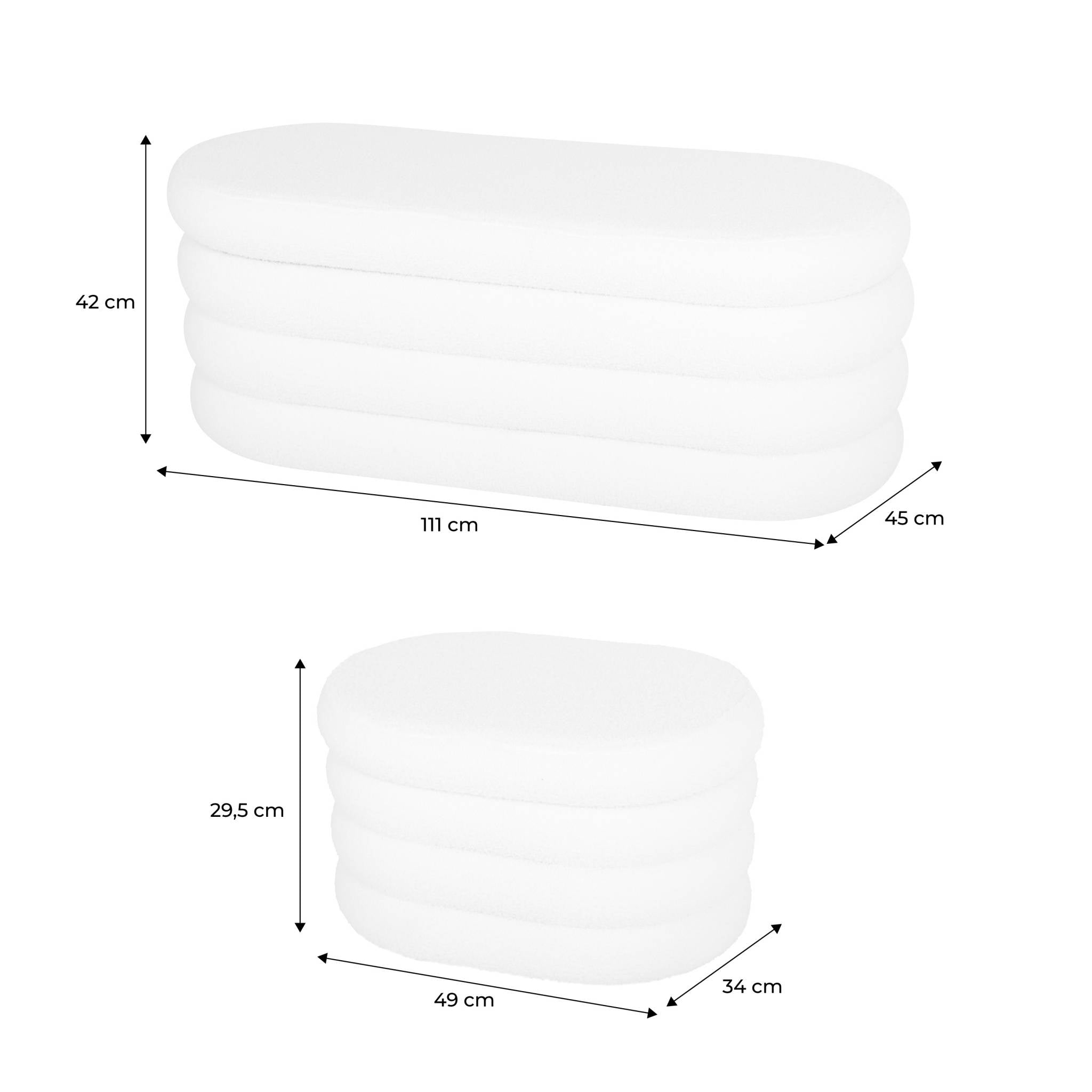 Panca contenitore con 2 pouf contenitori bouclé, bianco