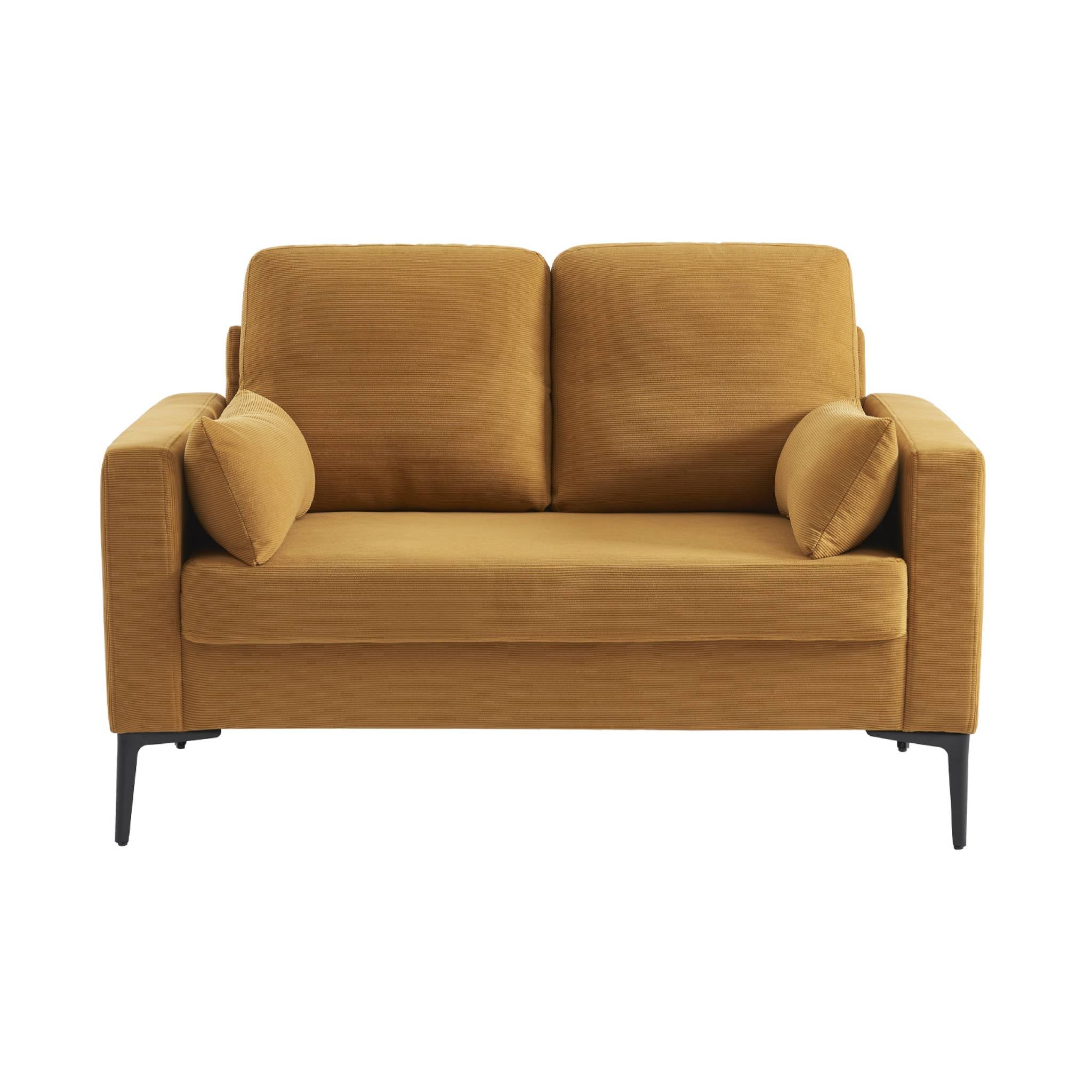 Divano a 2 posti in velluto a coste, gambe in metallo, ocra