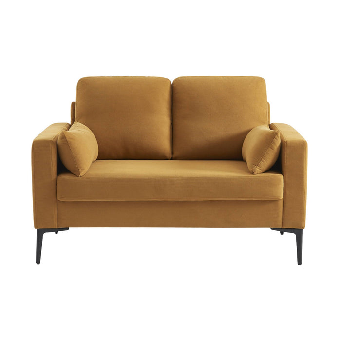 Divano a 2 posti in velluto a coste, gambe in metallo, ocra