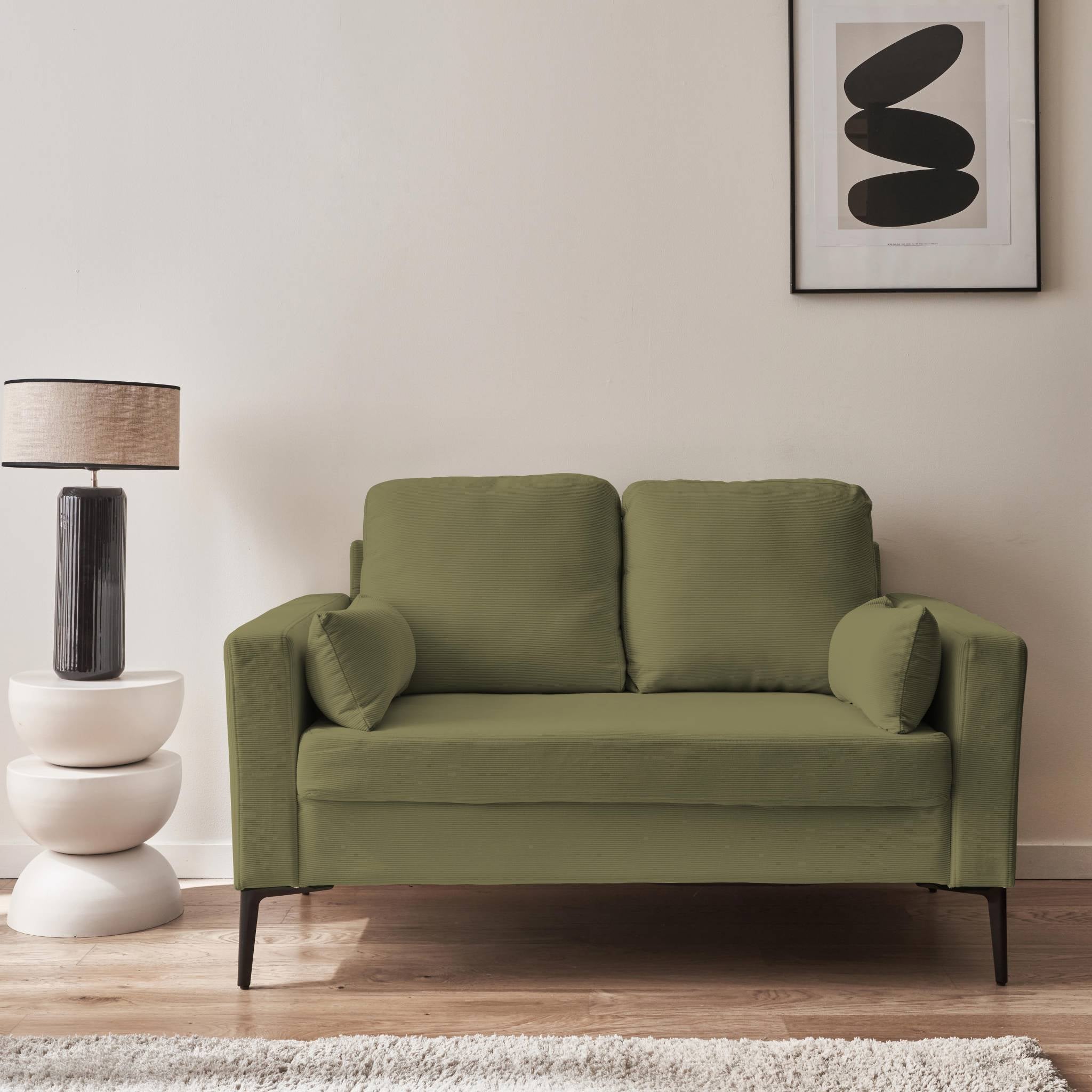 Divano a 2 posti in velluto a coste, gambe in metallo, kaki