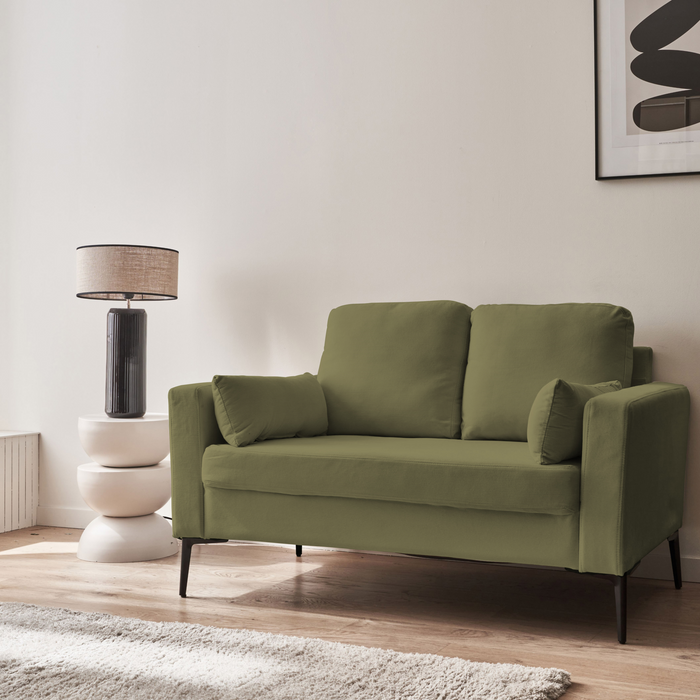 Divano a 2 posti in velluto a coste, gambe in metallo, kaki