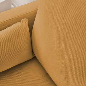 Divano a 3 posti in velluto a coste, gambe in metallo, ocra