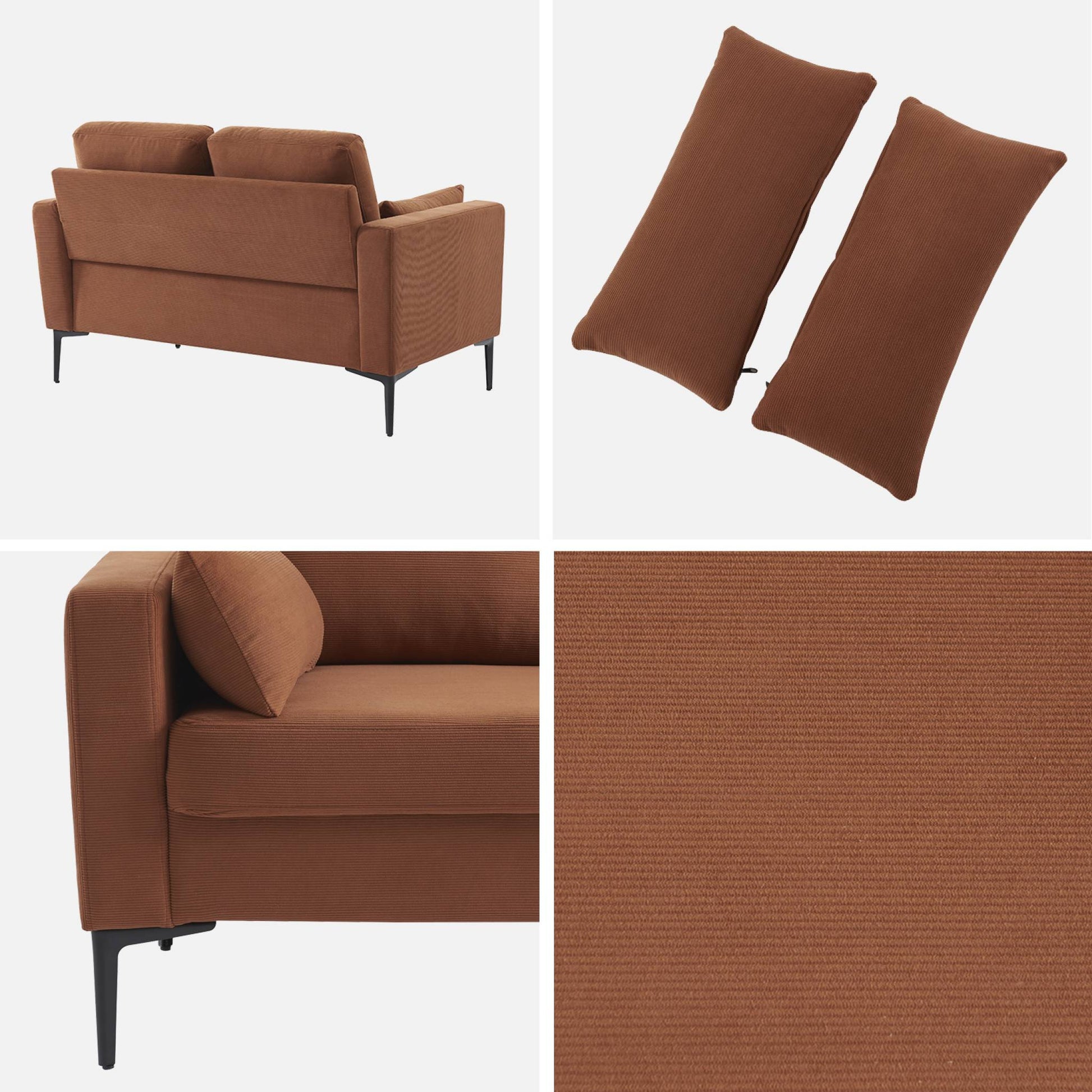 Divano in velluto a coste con gambe in metallo, 2 posti, terracotta