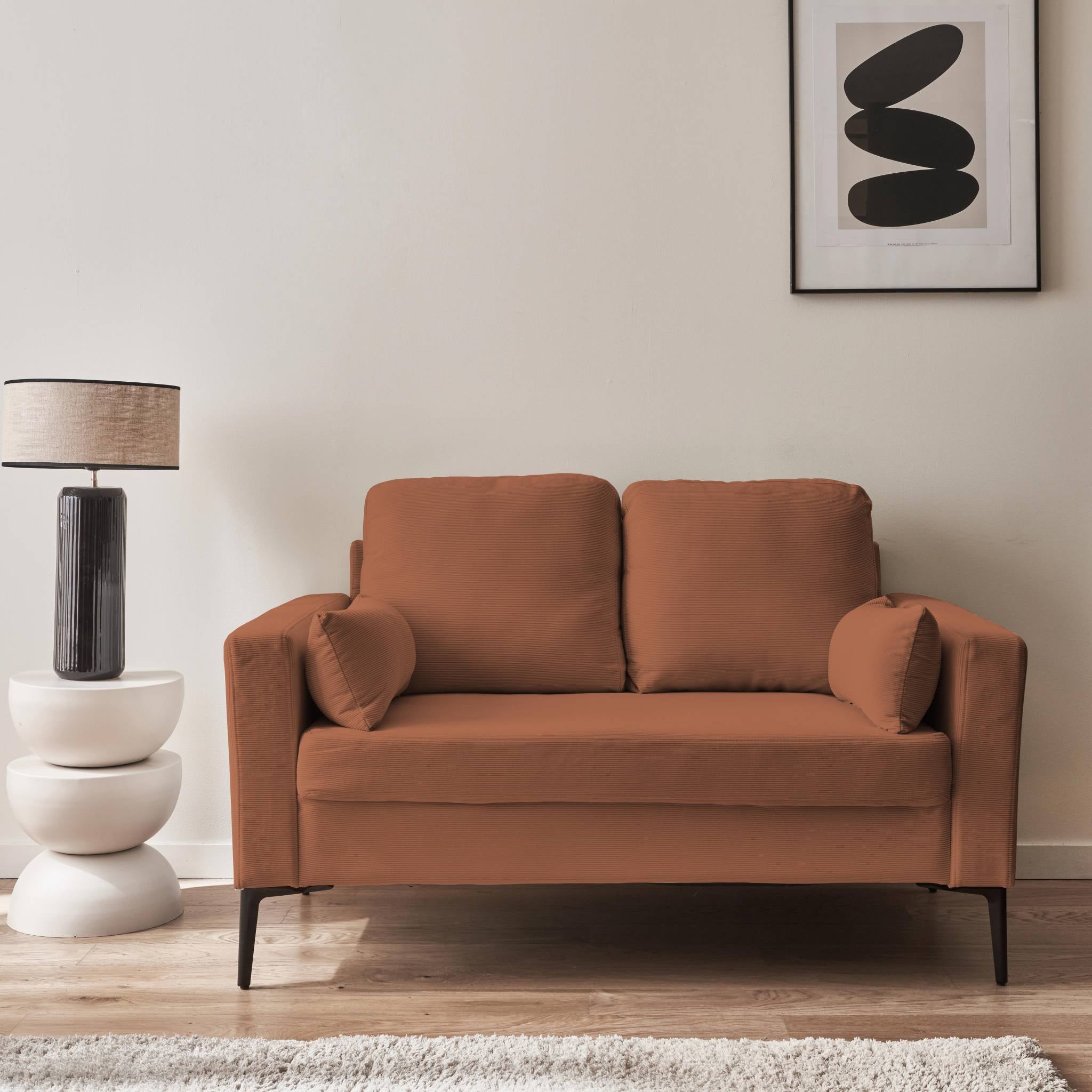 Divano in velluto a coste con gambe in metallo, 2 posti, terracotta