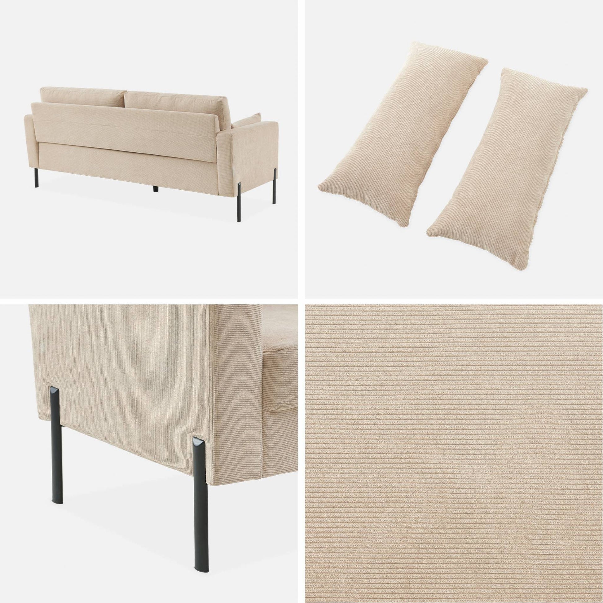 Divano a 3 posti in velluto a coste, gambe in metallo, beige