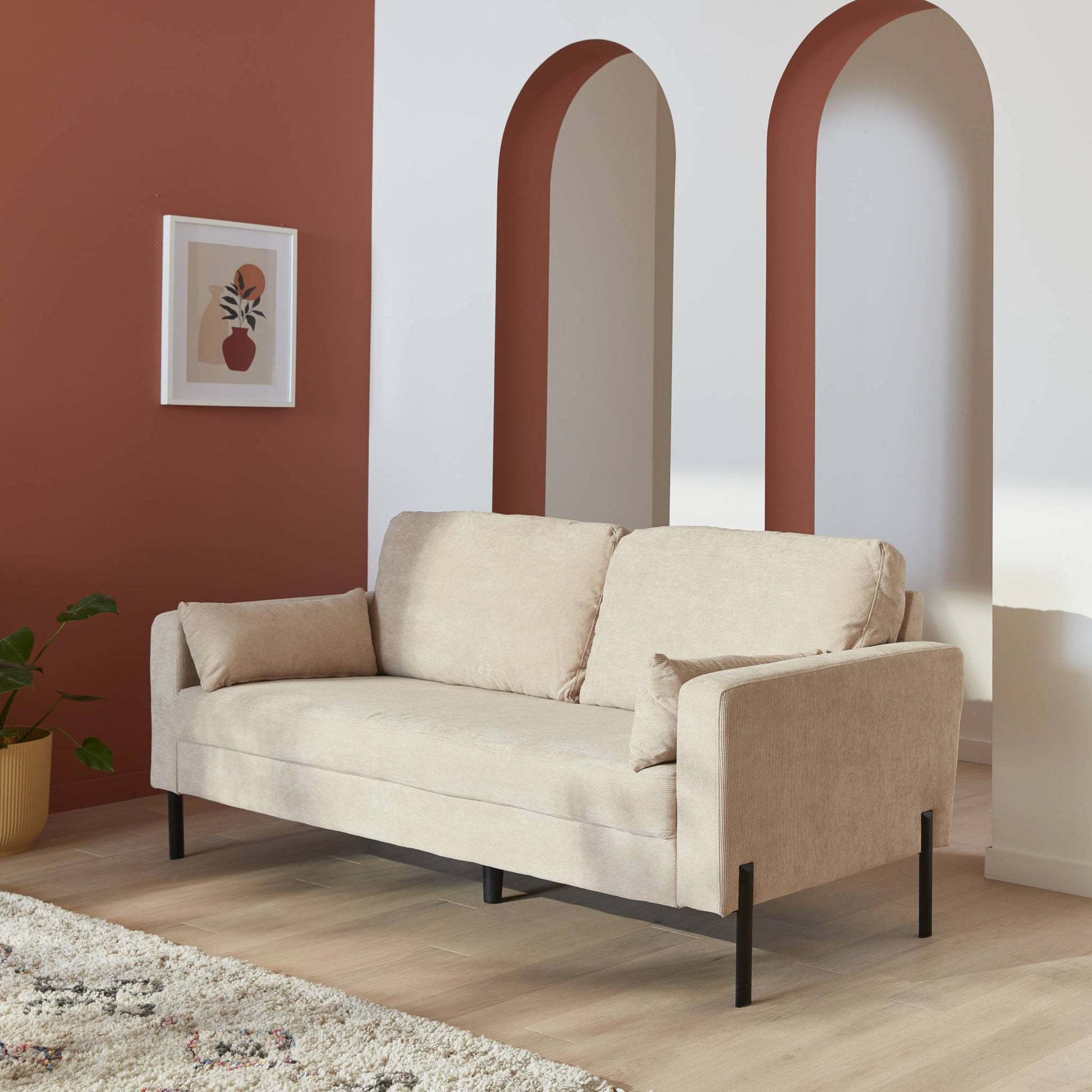 Divano a 3 posti in velluto a coste, gambe in metallo, beige
