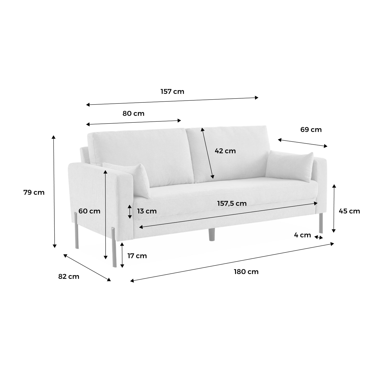 Divano a 3 posti in velluto a coste, gambe in metallo, beige