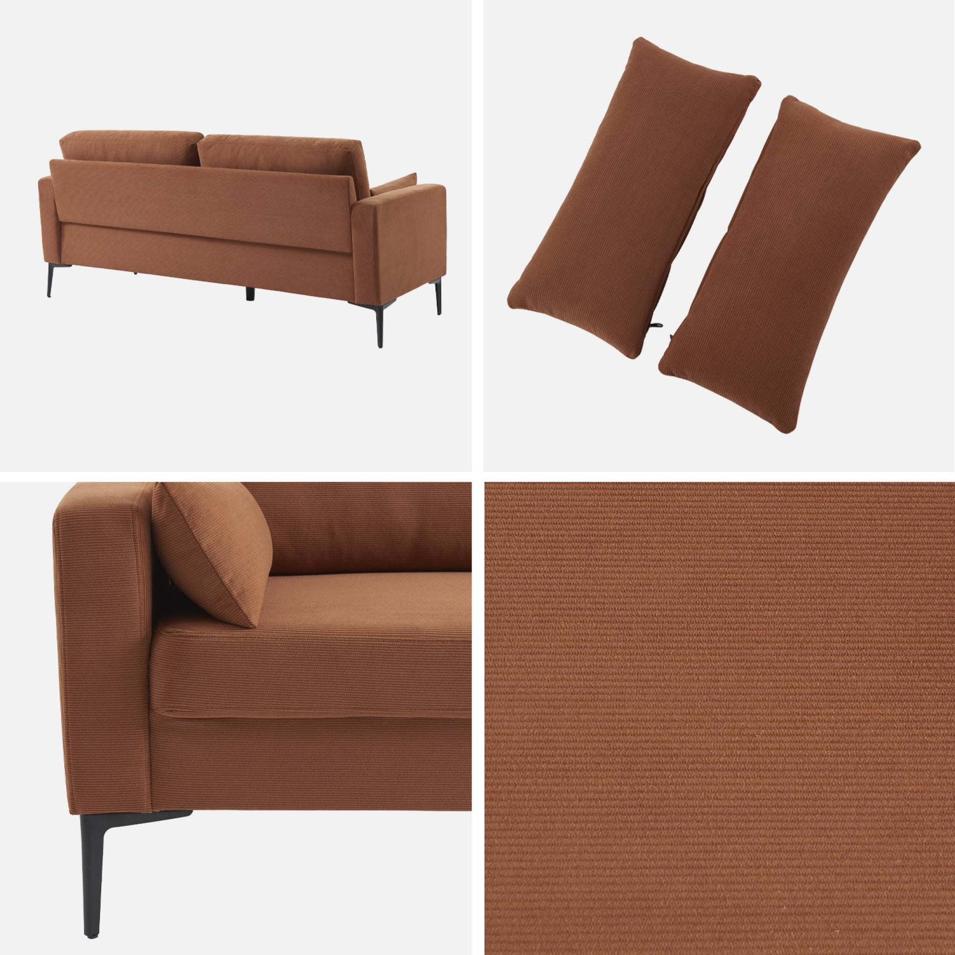 Divano a 3 posti in velluto a coste, gambe in metallo, terracotta