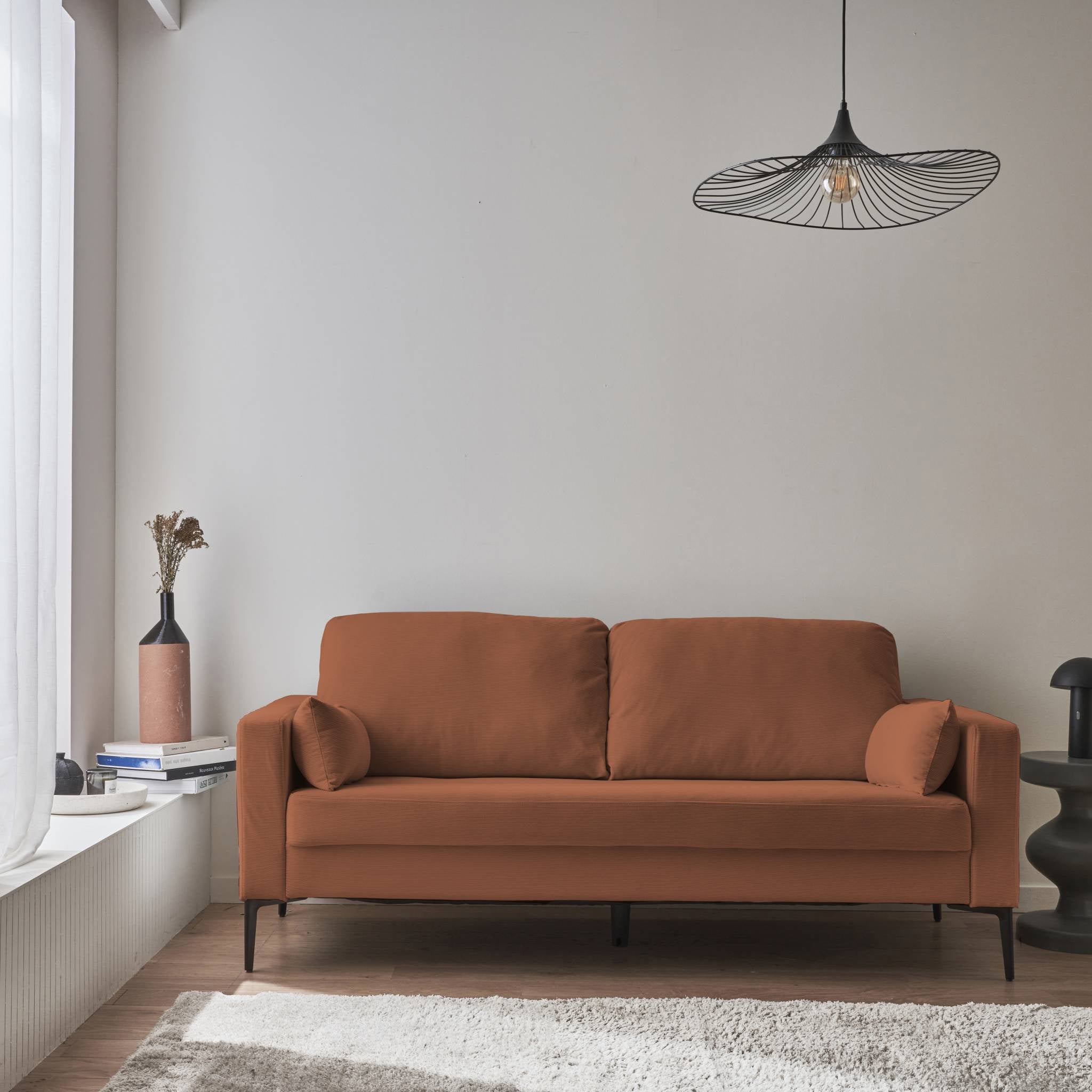 Divano a 3 posti in velluto a coste, gambe in metallo, terracotta