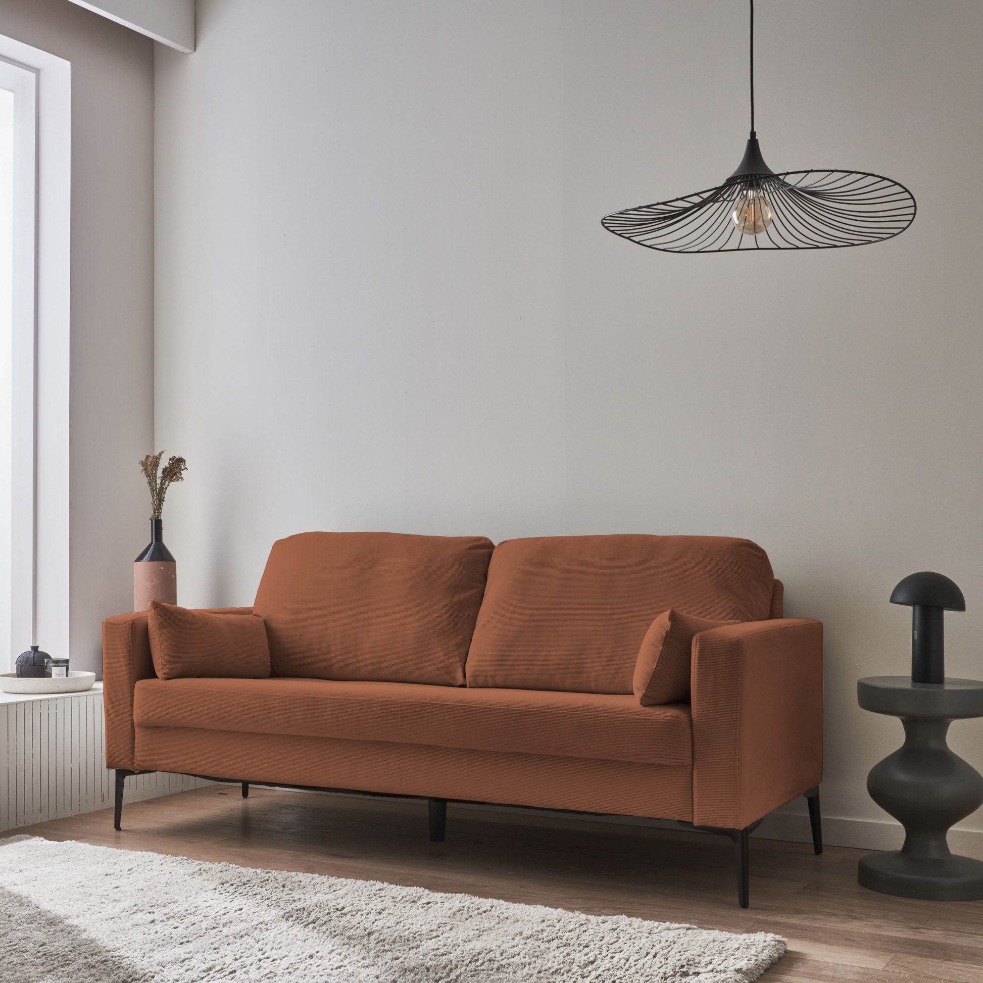 Divano a 3 posti in velluto a coste, gambe in metallo, terracotta