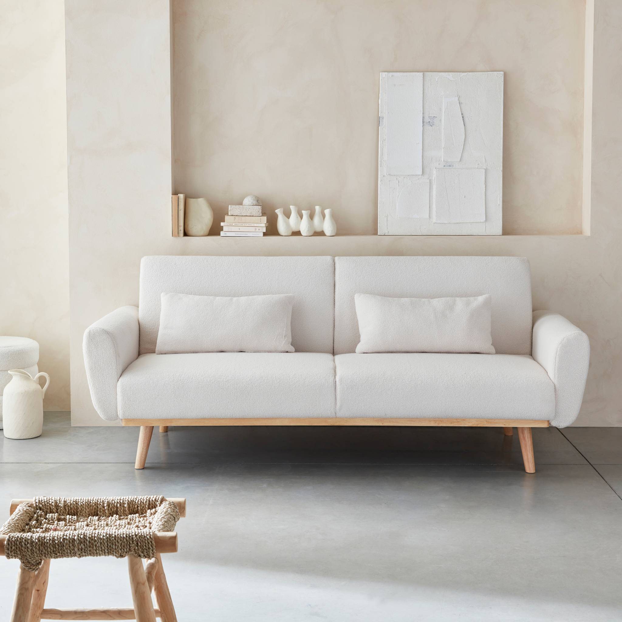 Divano letto reclinabile in tessuto bouclé, 3 posti, crema