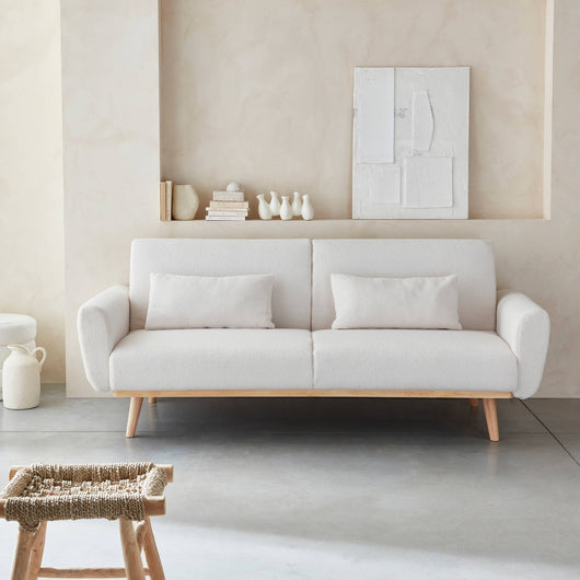 Divano letto reclinabile in tessuto bouclé, 3 posti, crema