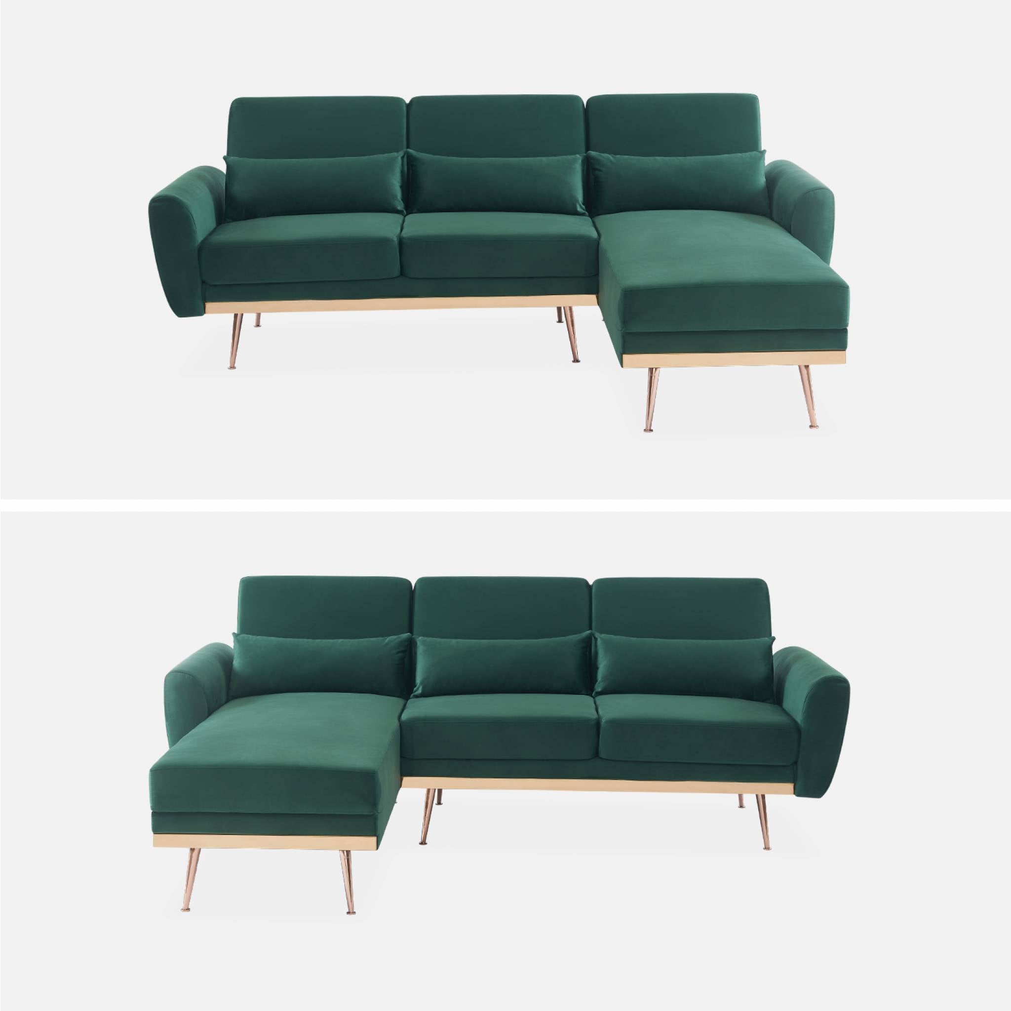 Divano angolare convertibile reversibile 3 posti velluto, verde