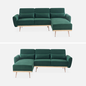 Divano angolare convertibile reversibile 3 posti velluto, verde