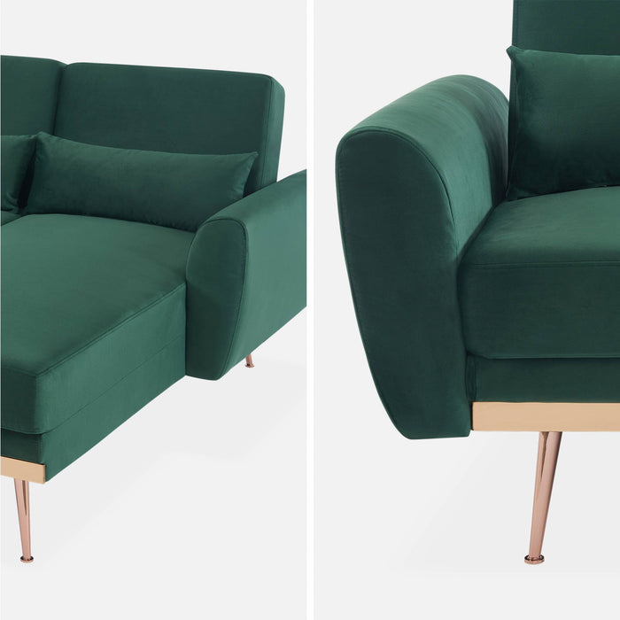 Divano angolare convertibile reversibile 3 posti velluto, verde