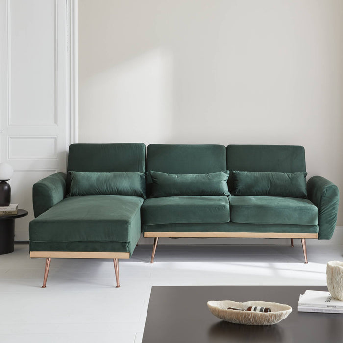 Divano angolare convertibile reversibile 3 posti velluto, verde