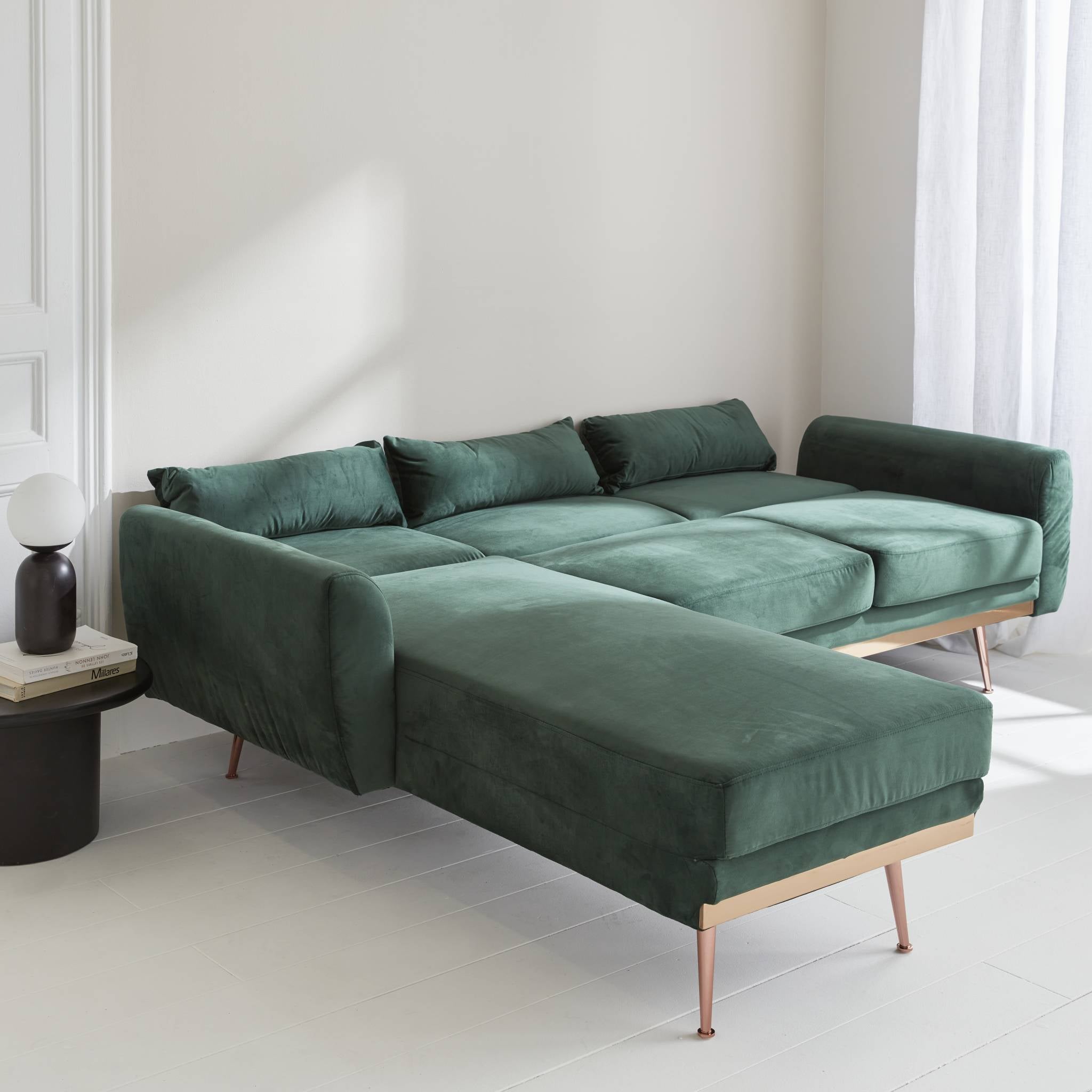 Divano angolare convertibile reversibile 3 posti velluto, verde