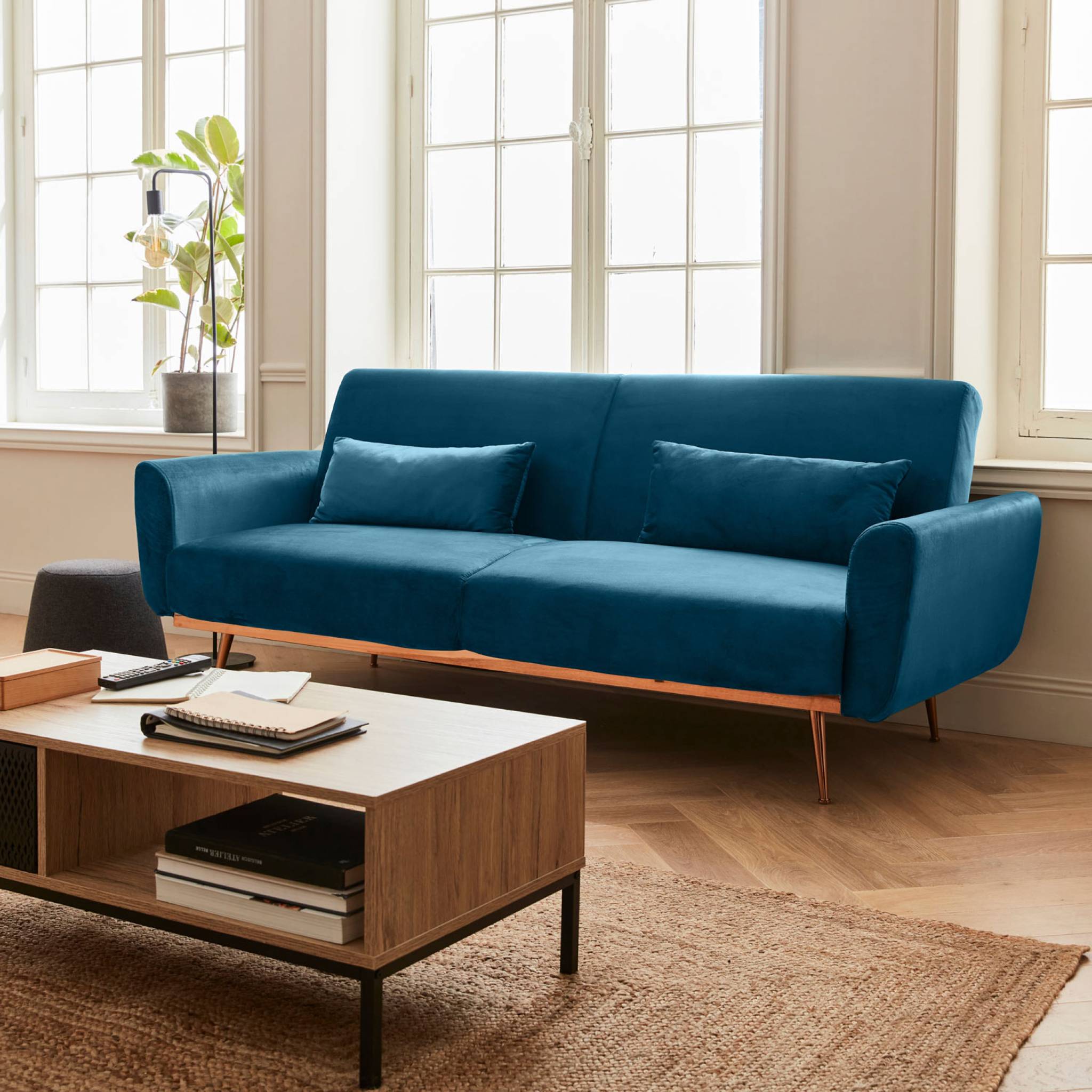 Divano letto 3 posti reclinabile in velluto, blu