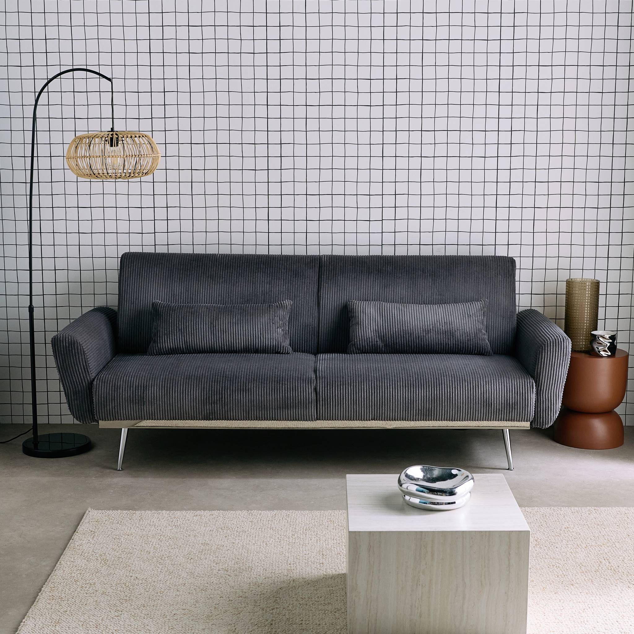 Divano letto 3 posti legno di eucalipto metallo e velluto a coste,