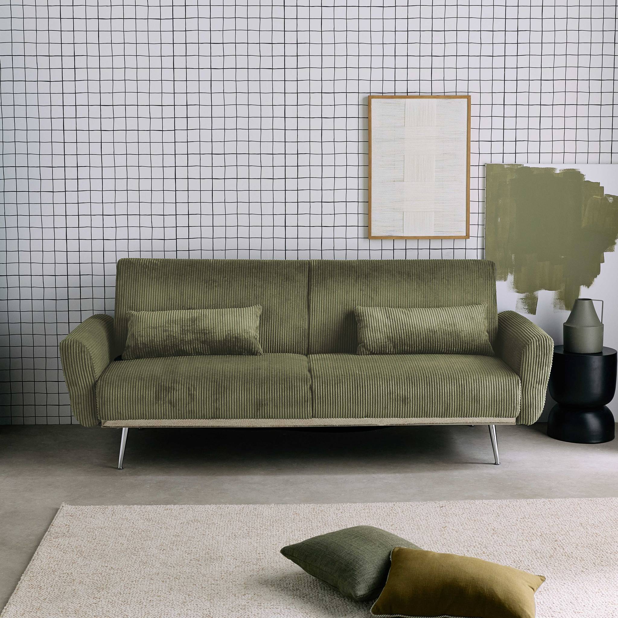 Divano letto 3 posti legno di eucalipto metallo e velluto a coste,