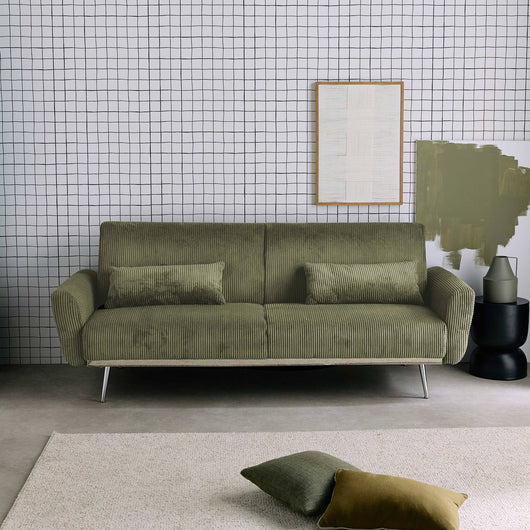 Divano letto 3 posti legno di eucalipto metallo e velluto a coste,