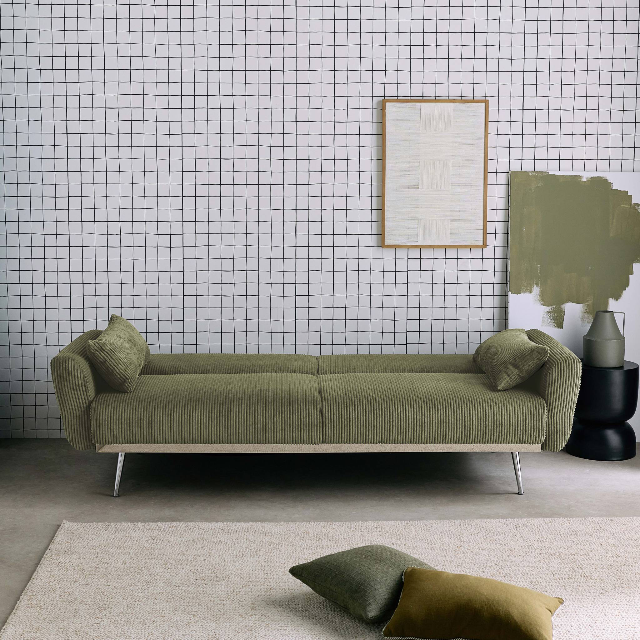 Divano letto 3 posti legno di eucalipto metallo e velluto a coste,