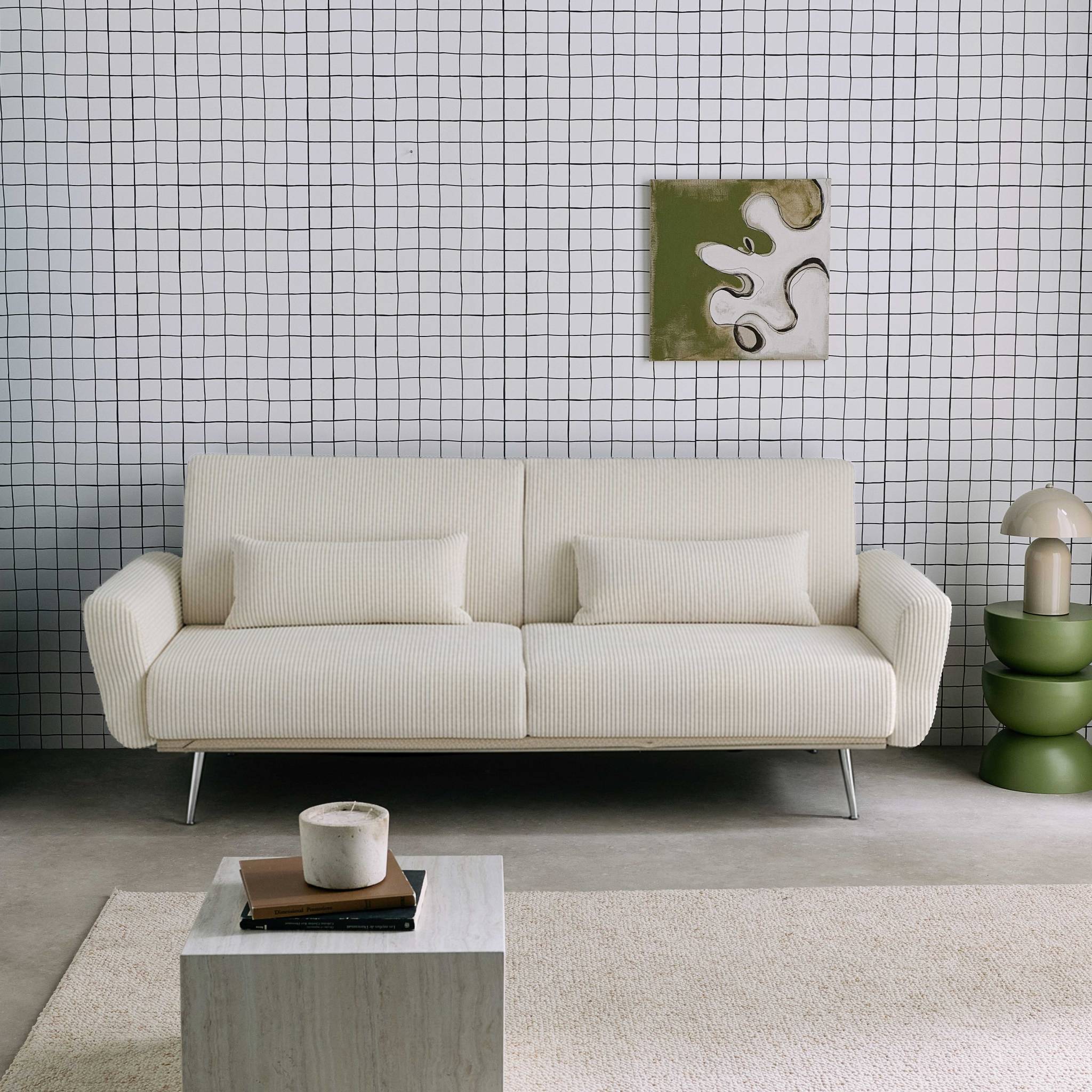 Divano letto 3 posti legno di eucalipto metallo e velluto a coste,