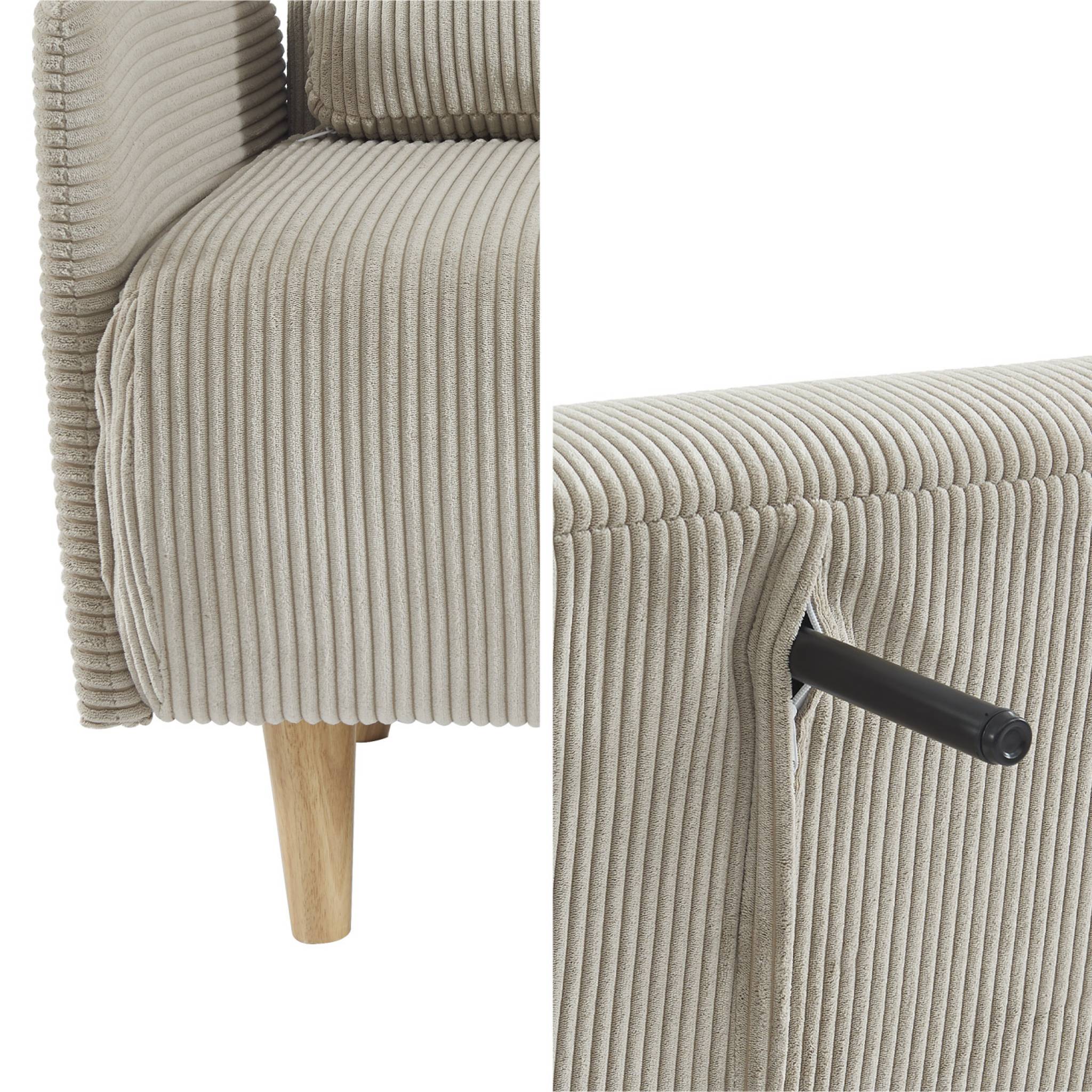 Divano letto a 2 posti in velluto a coste con gambe in legno, beige